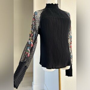 Ban Jara Romantic Black Smocked Embroidered Lace Long Sleeve Top Womens S
